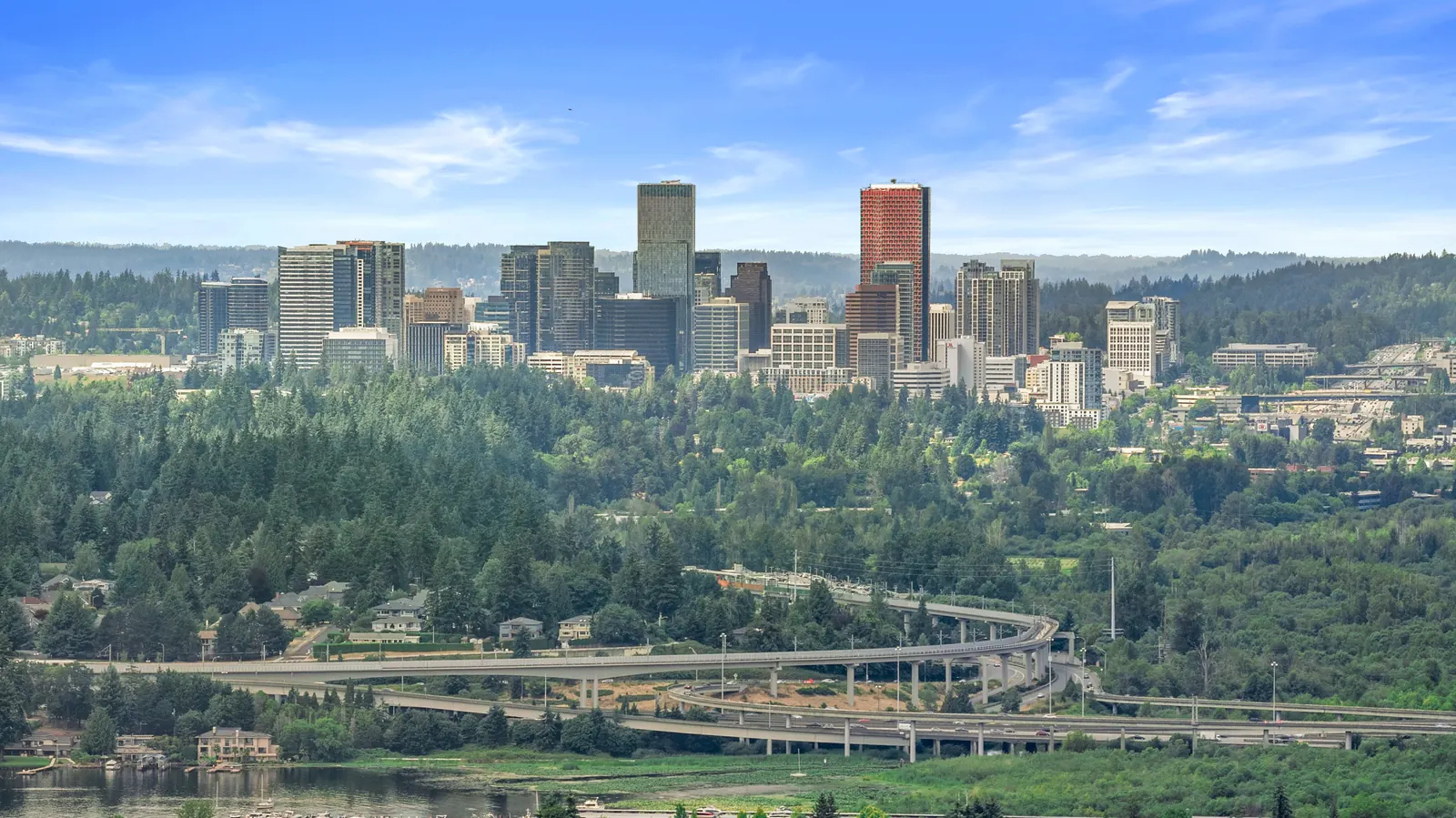 Drone view toward the downtown Bellevue skyline