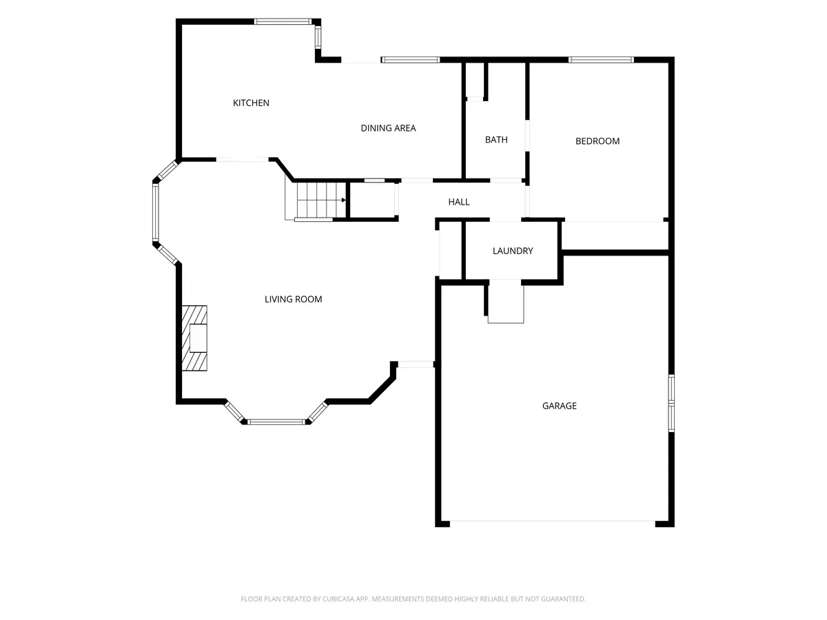 Sample 2D floor plan showing kitchen, dining area, living room, bedroom, bath, laundry and garage